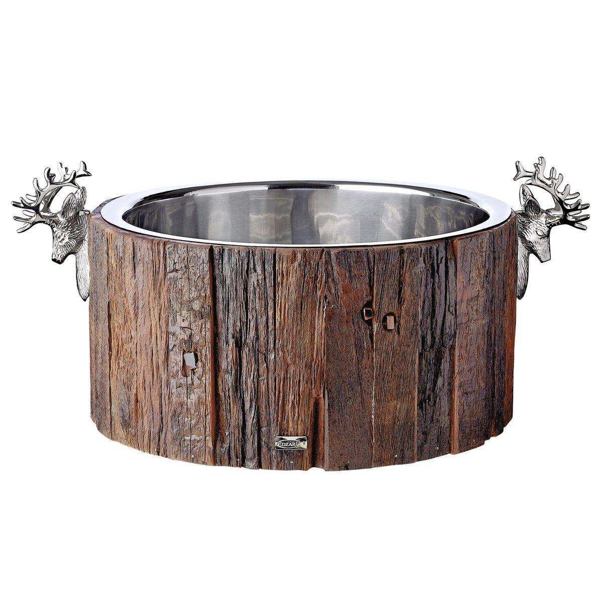Sektkühler Kennington, 2 Hirschköpfe, Holz, Edelstahl glänzend vernickelt, ø 46,5 cm, H 23,5 cm, 11 kg - HomeDesign Knaus