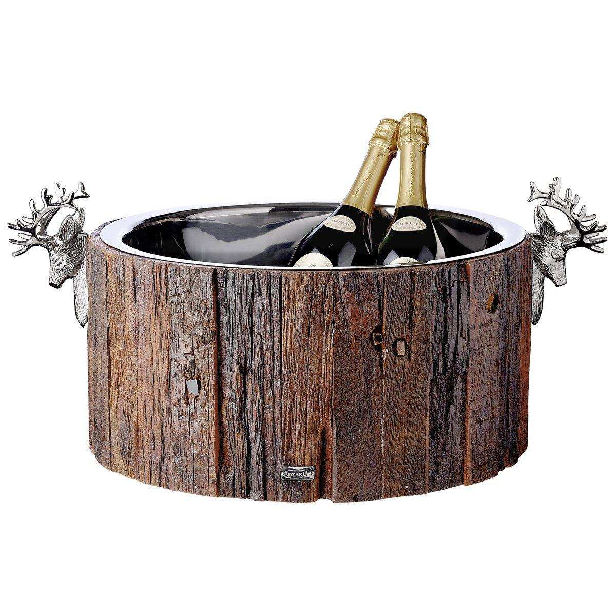 Sektkühler Kennington, 2 Hirschköpfe, Holz, Edelstahl glänzend vernickelt, ø 46,5 cm, H 23,5 cm, 11 kg - HomeDesign Knaus