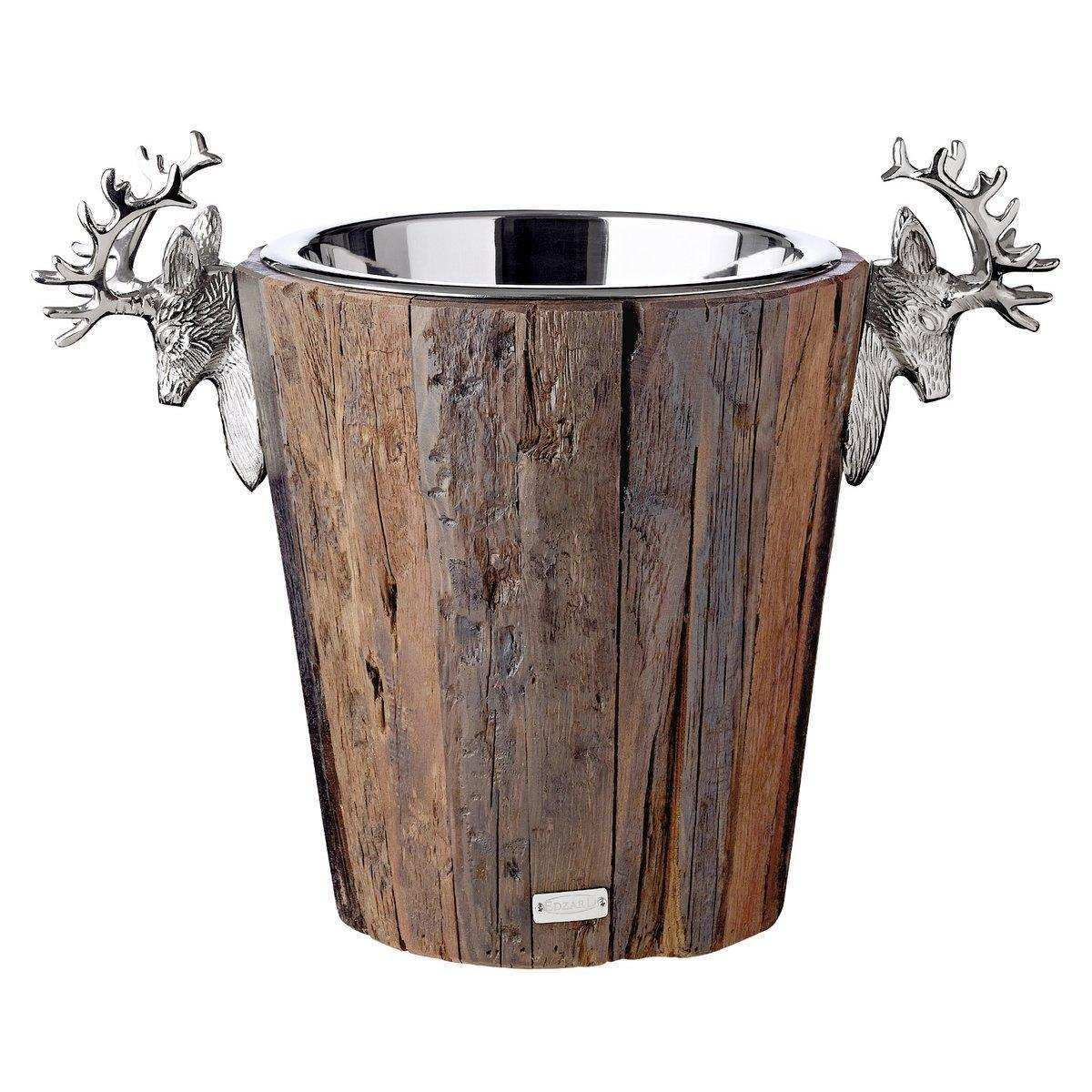 Sektkühler Milwaukee mit 2 Hirschköpfen, Teakholz, Edelstahl glänzend vernickelt, Höhe 30 cm - HomeDesign Knaus