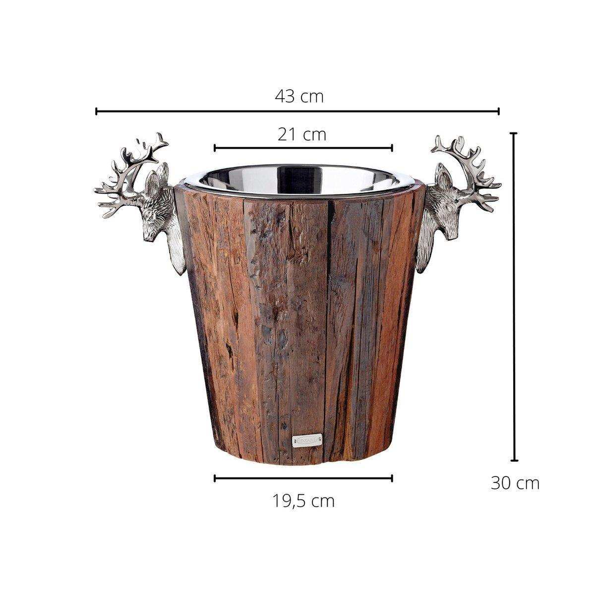 Sektkühler Milwaukee mit 2 Hirschköpfen, Teakholz, Edelstahl glänzend vernickelt, Höhe 30 cm - HomeDesign Knaus