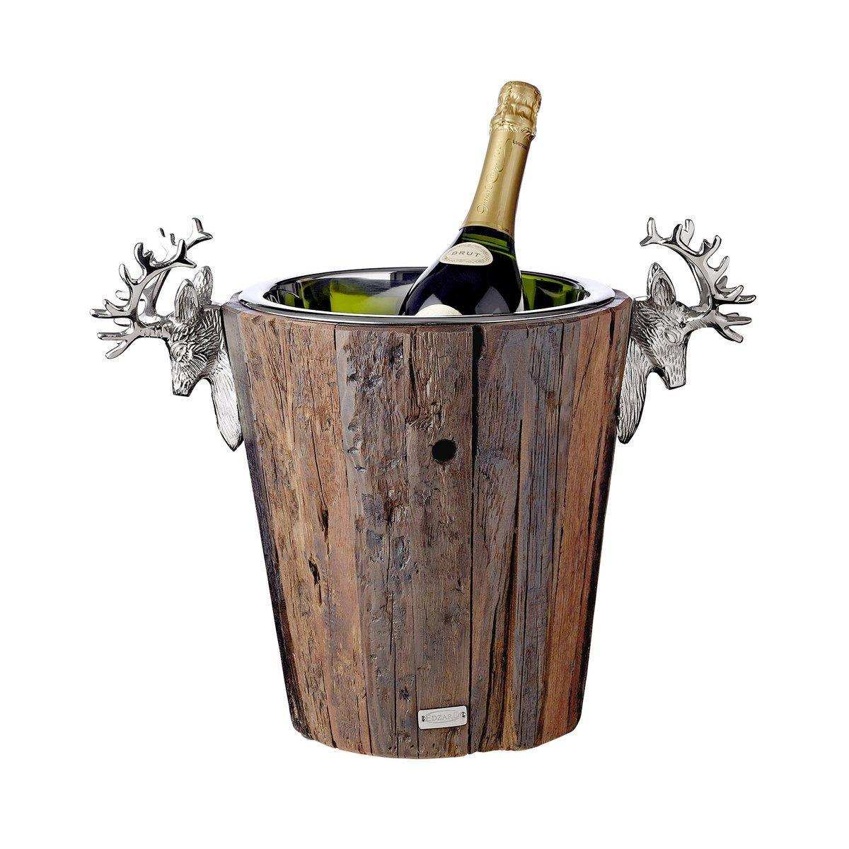 Sektkühler Milwaukee mit 2 Hirschköpfen, Teakholz, Edelstahl glänzend vernickelt, Höhe 30 cm - HomeDesign Knaus