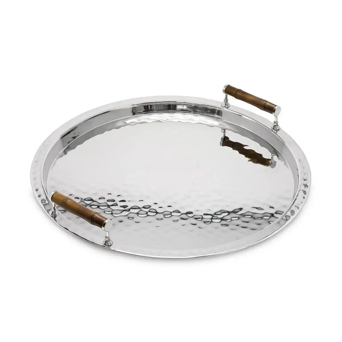 Serviertablett Hugo, rund, Edelstahl glänzend vernickelt, mit Bambusgriffen, Durchmesser 54 cm - HomeDesign Knaus