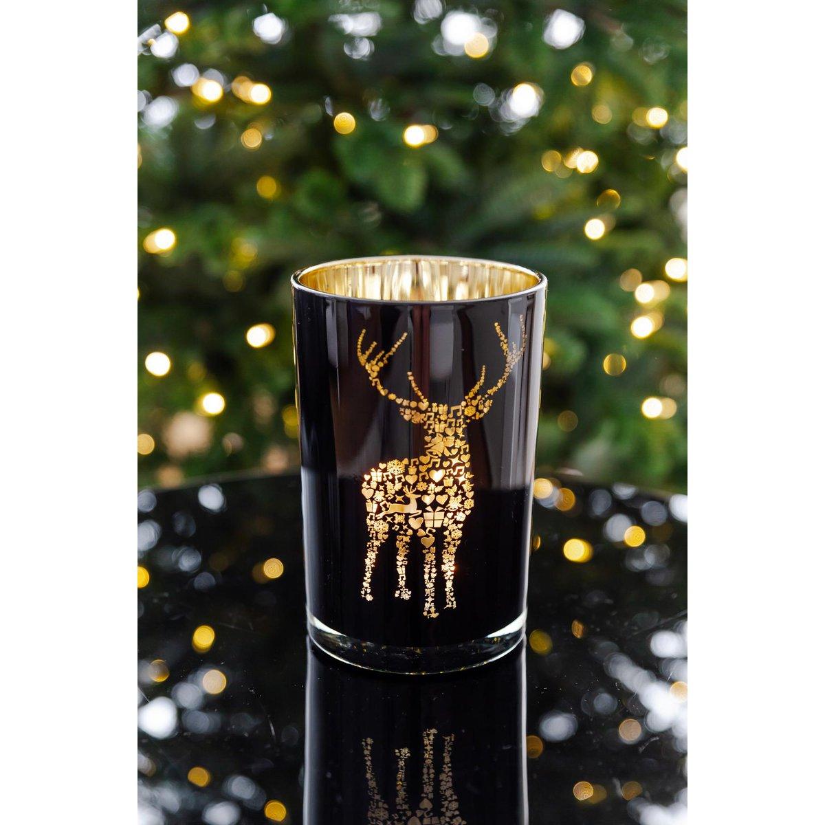 Windlicht Fancy (Höhe 18 cm, ø 12 cm), Teelichtglas im Hirsch-Motiv, außen schwarz/innen Gold - HomeDesign Knaus