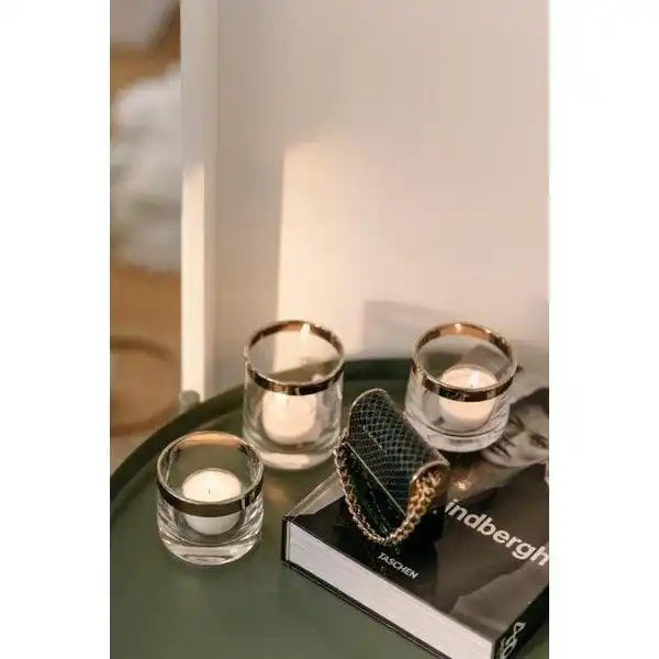 Windlicht Molly, mundgeblasenes Kristallglas mit Platinrand, Höhe 6 cm, Durchmesser 7 cm - HomeDesign Knaus